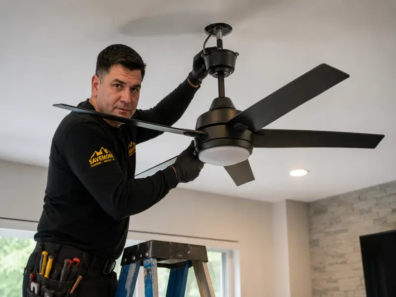 Technician installing a ceiling fan in Las Vegas